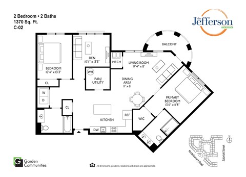 Floor plan for 2 beds, 2 baths, 1371 sqft